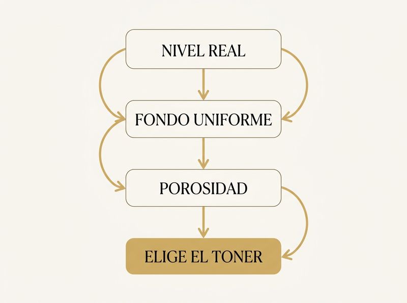 Árbol de decisión visual para elegir toner en servicios de rubio: diagrama con tres ramas - nivel de aclaración, uniformidad del fondo y estado de porosidad