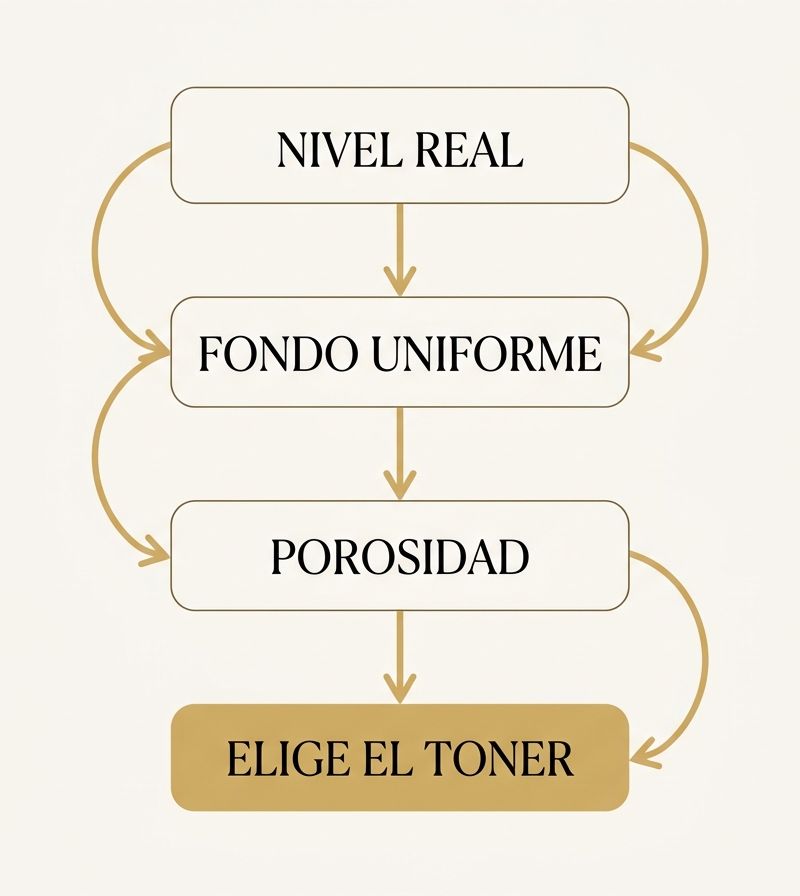Visual decision tree for choosing toner in blonde services: three-branch diagram showing underlying pigment level, base uniformity, and porosity status as sequential questions before toner selection