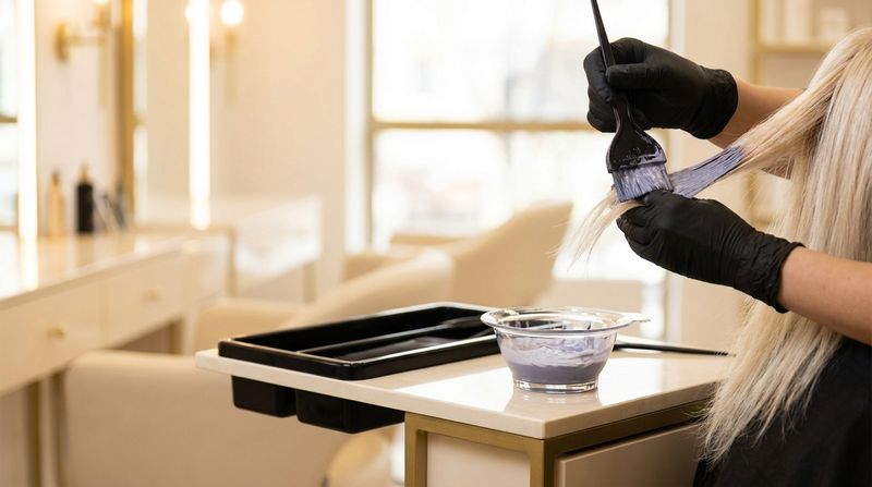 Colorista profesional matizando cabello rubio decolorado con toner, junto a tabla de fondos de aclaración por nivel