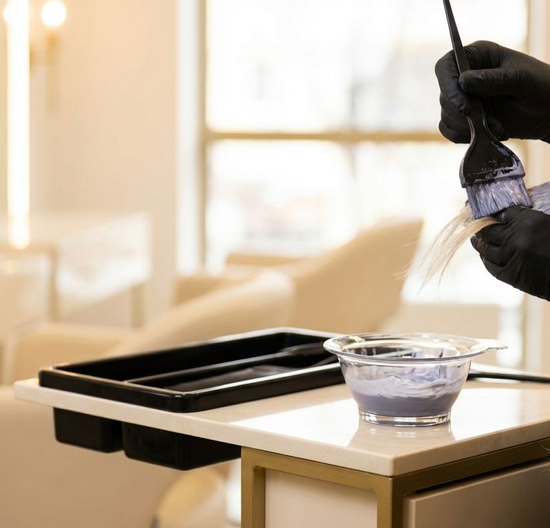 Professional colorist applying toner to bleached blonde hair next to an underlying pigment level reference chart