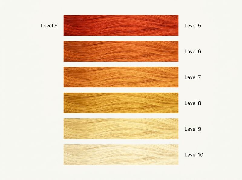 Tabla visual de fondos de aclaración por nivel, con escala de colores de rojo naranja en nivel 5 hasta amarillo pálido en nivel 10, y familia de toner recomendada para cada fondo