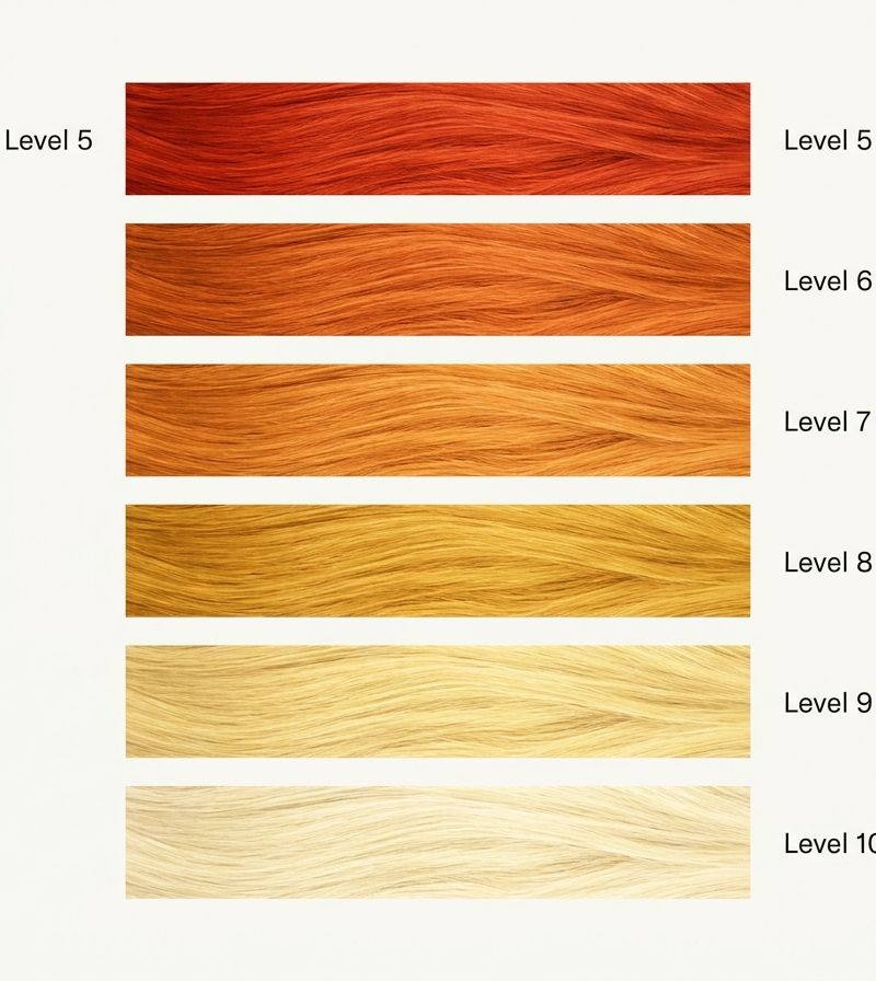 Visual chart of underlying pigment levels from level 5 (red-orange) to level 10 (pale yellow), with recommended toner family for each underlying base