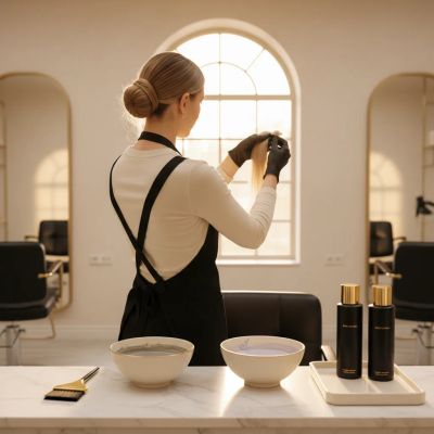 Colorista profissional analisando o resultado do toner no cabelo loiro descolorido com reflexo cinza indesejado