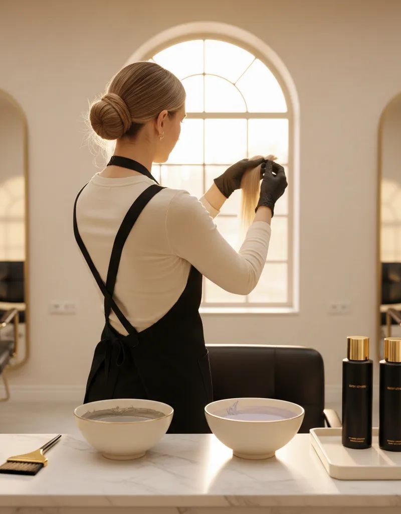 Colorista profesional analizando resultado de toner en cabello rubio decolorado con reflejo gris no deseado