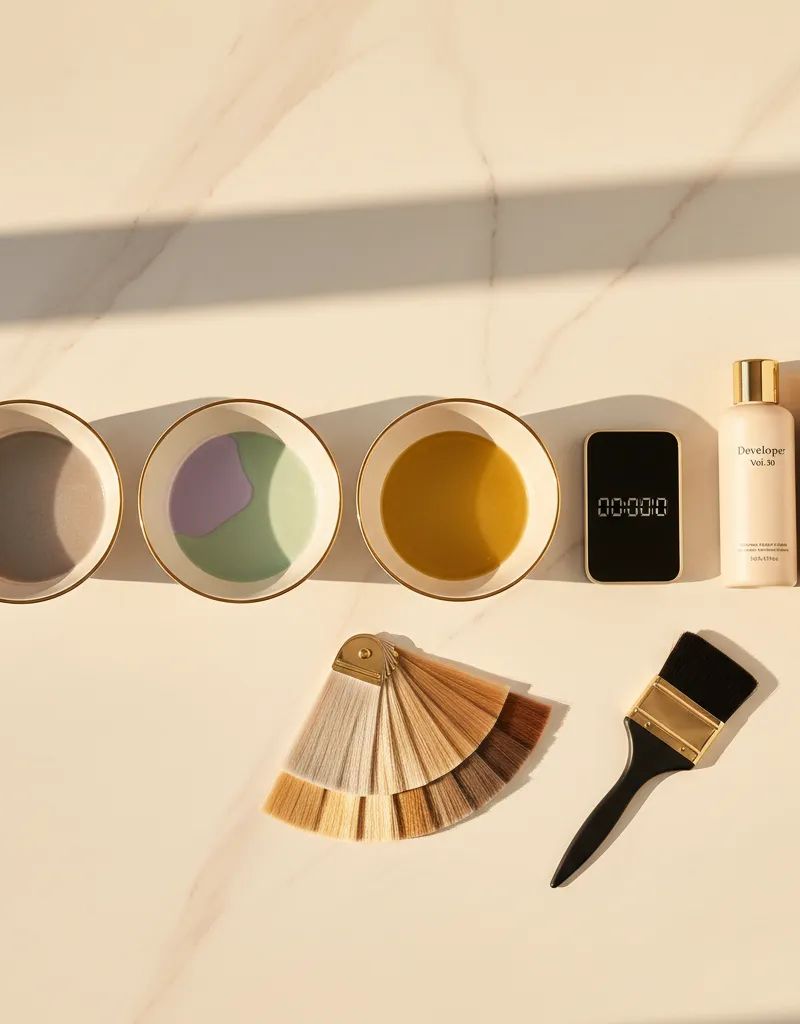 Mesa de trabajo de colorista con varios boles de toner en distintos tonos: gris, violeta, verde y dorado, junto a swatches de color, temporizador y botes de oxidante