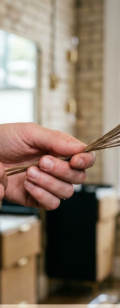 Professional colorist examining a wet strand of hair before deciding the formula for a client returning to the salon after summer