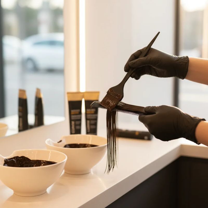 Colorista profesional aplicando tinte oscuro con técnica de seccionado preciso