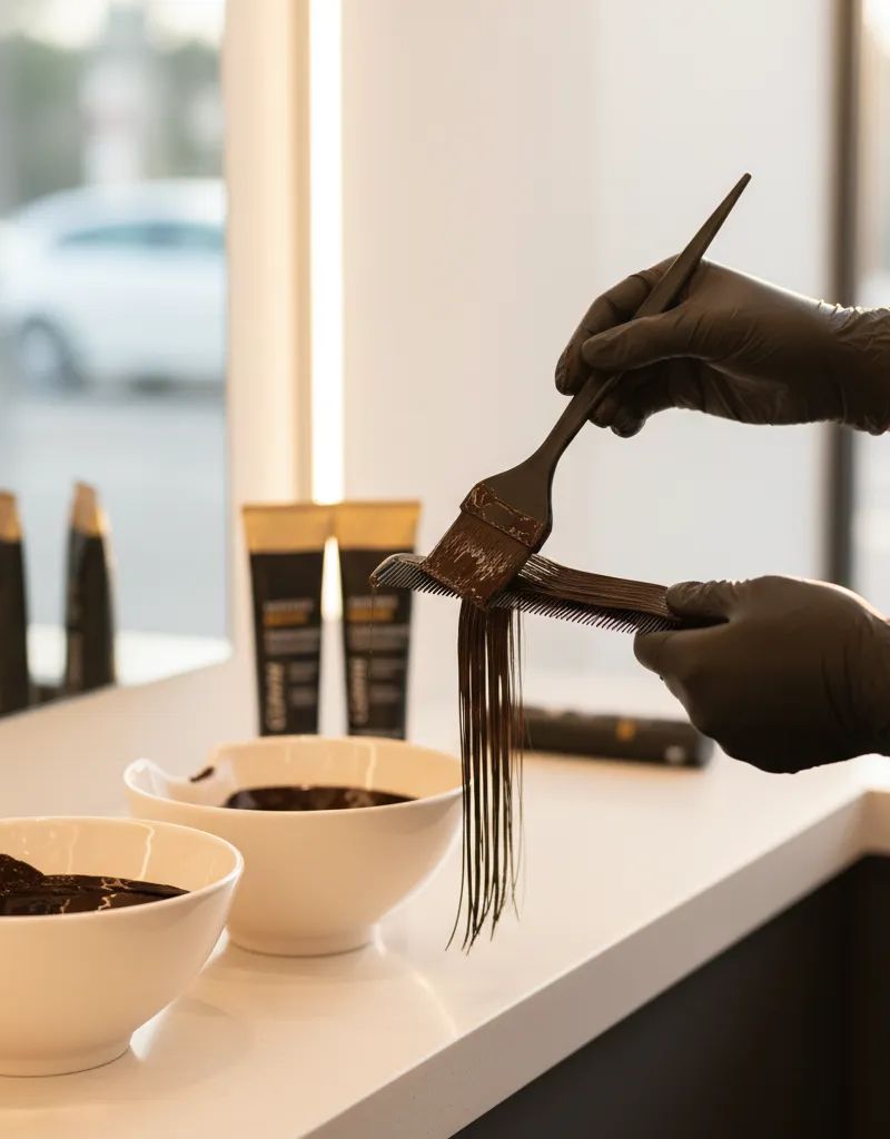 Professional colorist applying dark dye with precise sectioning technique