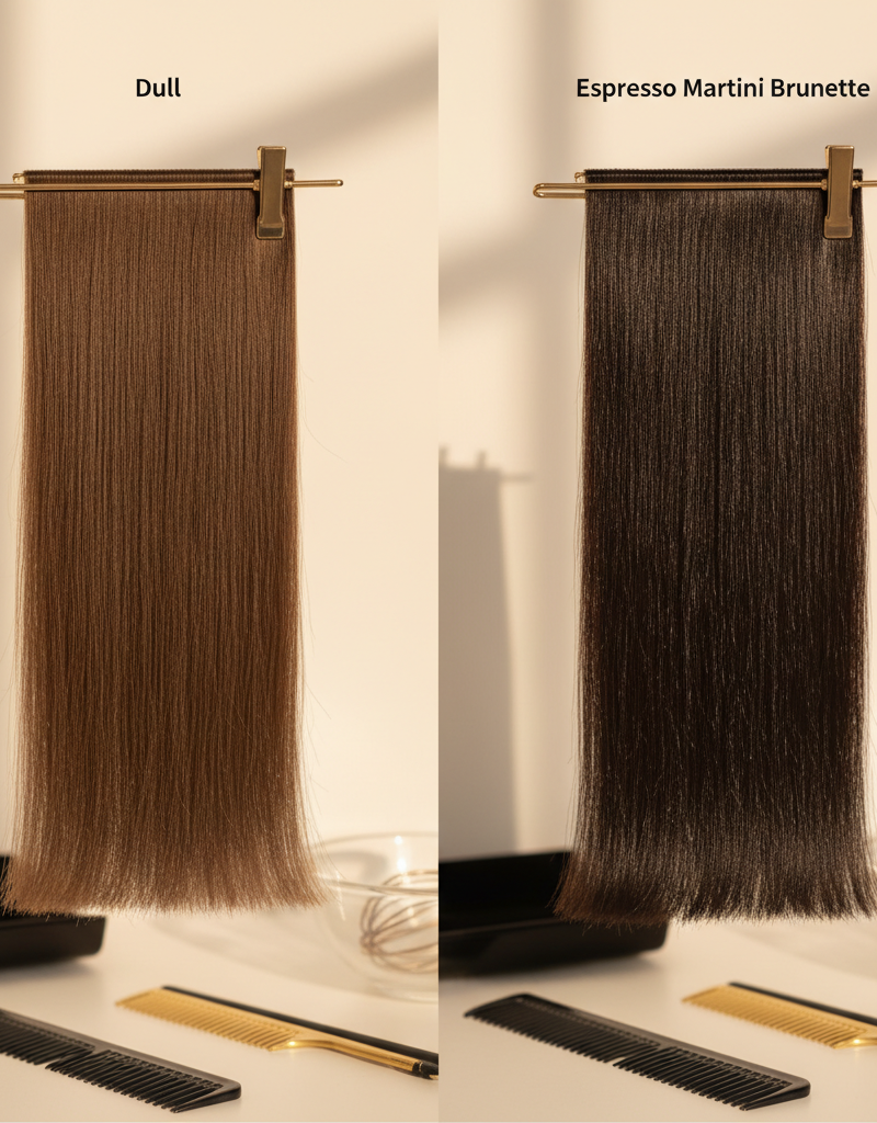 Comparación entre moreno tradicional opaco y Espresso Martini Brunette con brillo dimensional