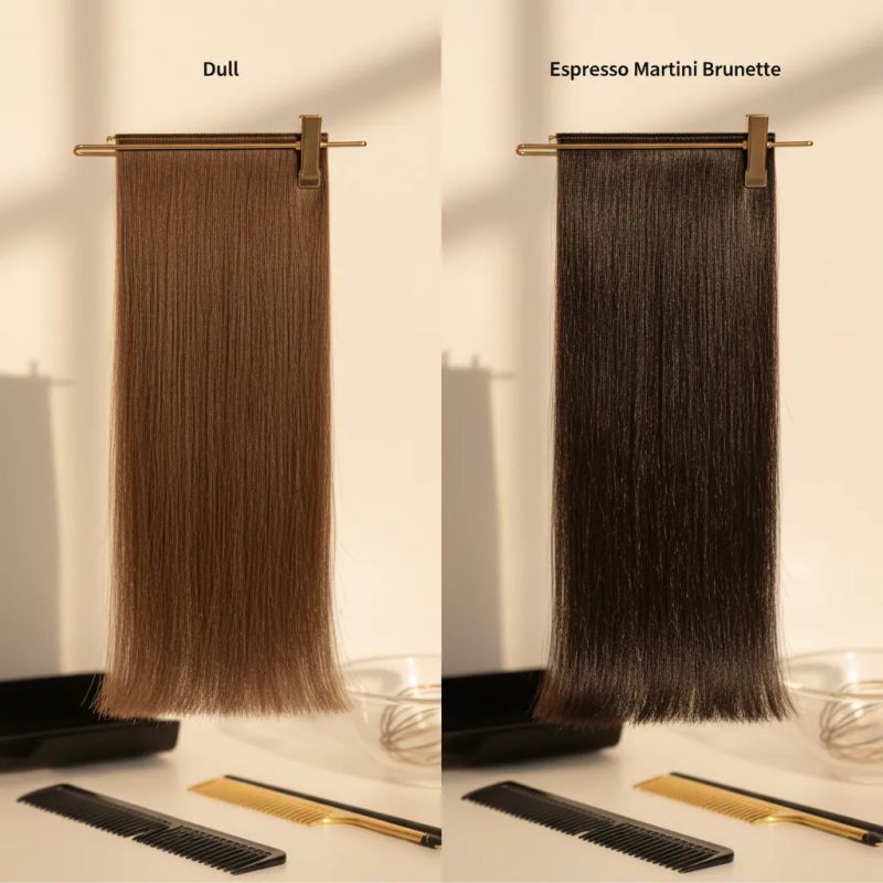 Comparación entre moreno tradicional opaco y Espresso Martini Brunette con brillo dimensional
