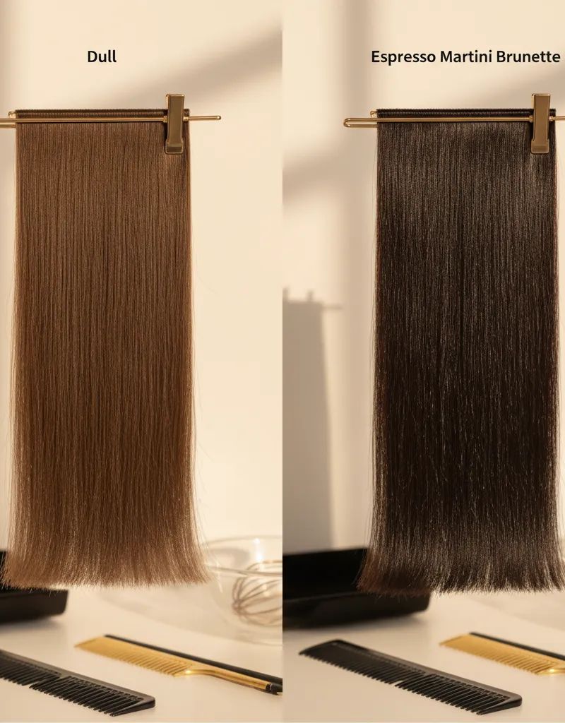 Comparison between flat traditional brunette and dimensional Espresso Martini Brunette with glossy finish