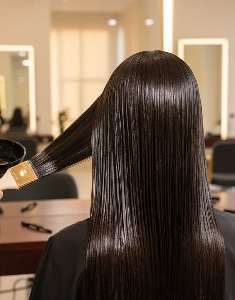 Tratamiento de gloss aplicado sobre cabello moreno oscuro mostrando brillo intenso de espejo
