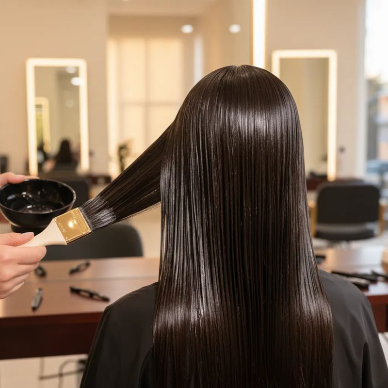 Tratamiento de gloss aplicado sobre cabello moreno oscuro mostrando brillo intenso de espejo