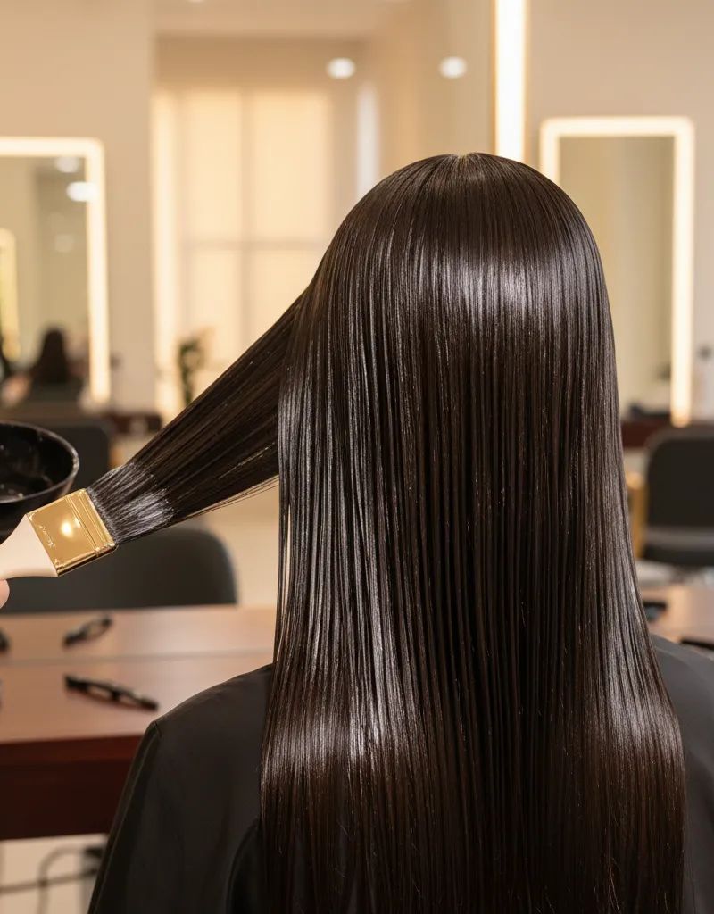 Gloss treatment applied on dark brown hair showing intense mirror-like shine