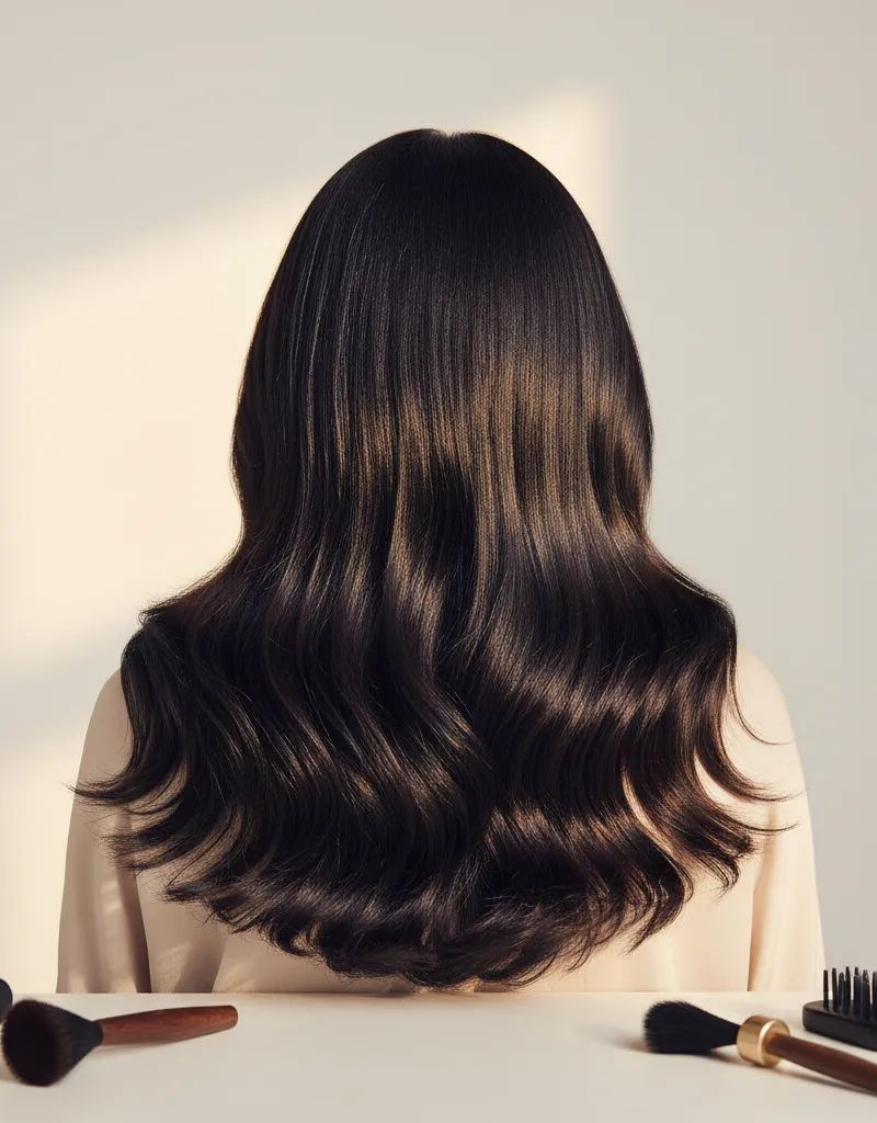 Hair with Espresso Martini Brunette color showing depth and intense shine