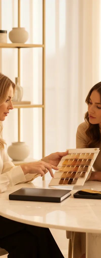 Colorista profesional en consulta personalizada con clienta revisando muestras de color