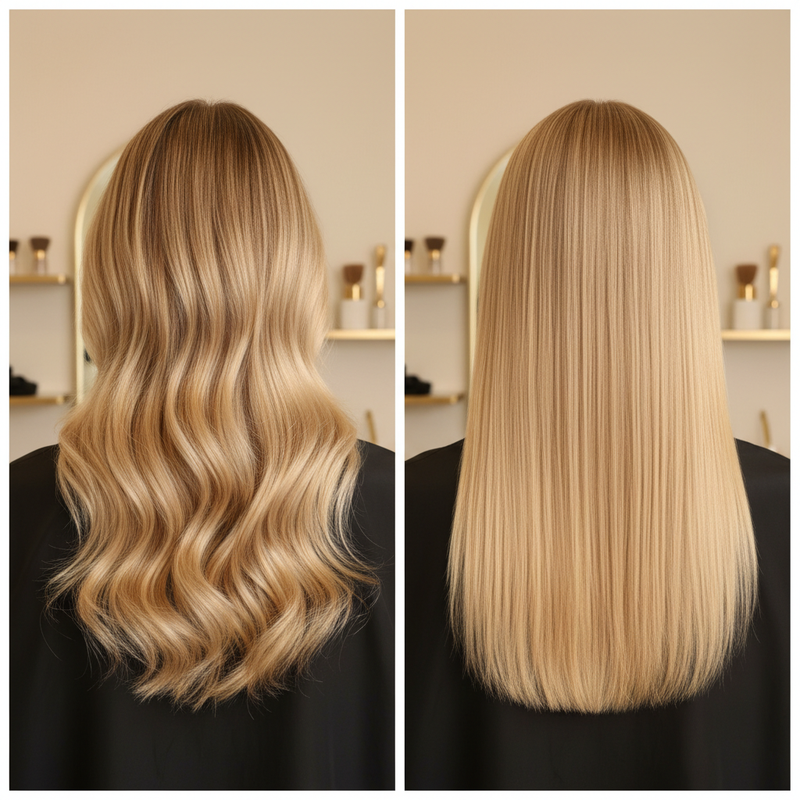 Comparativa visual entre resultado de balayage con rubio degradado orgánico y full foil con rubio cashmere uniforme