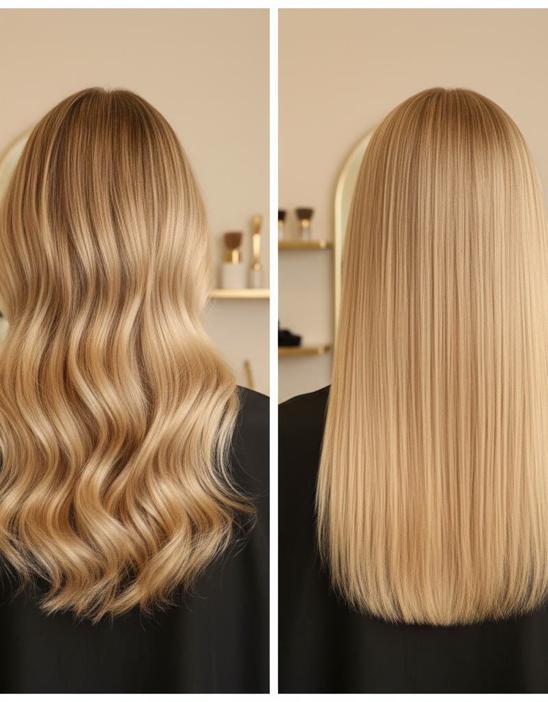Visual comparison between balayage with organic graduated blonde and full foil with uniform cashmere blonde