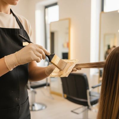 Colorista profissional aplicando a técnica foilyage com pincel e papel alumínio