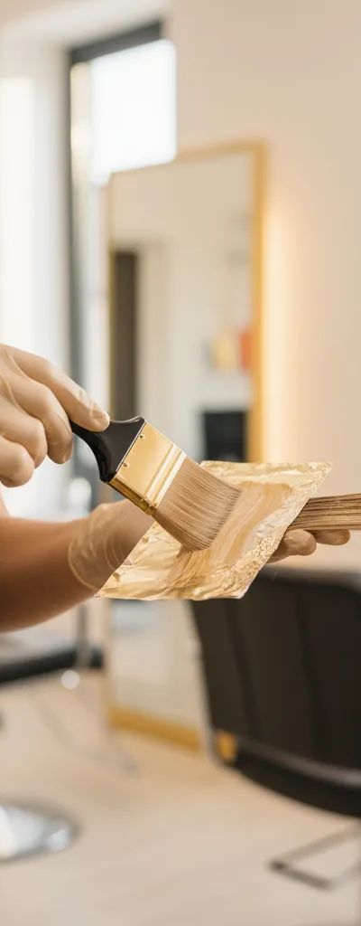 Colorista profesional aplicando técnica foilyage con pincel y papel de aluminio