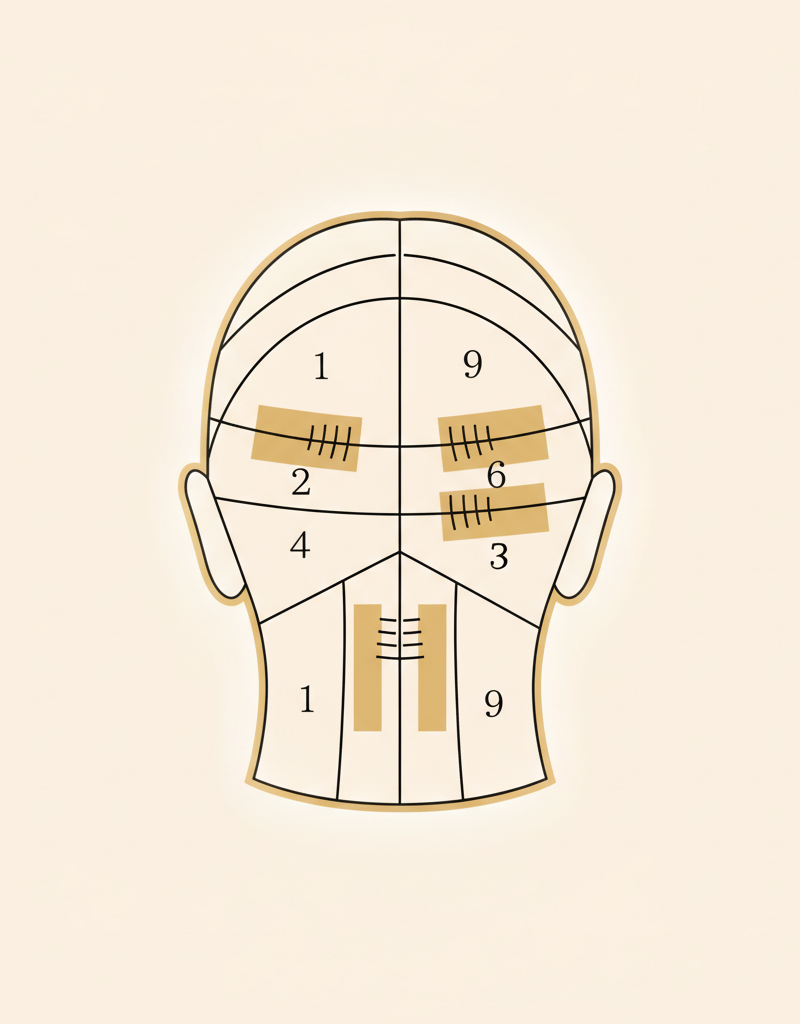 Diagrama de secciones para aplicación de foilyage de nuca a coronilla
