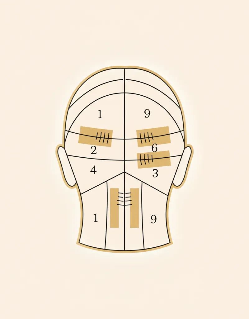Sectioning diagram for foilyage application from nape to crown