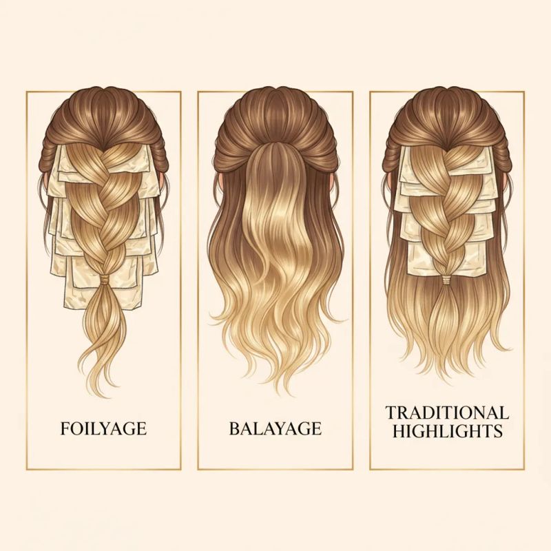 Visual comparison of foilyage vs balayage vs traditional highlights techniques