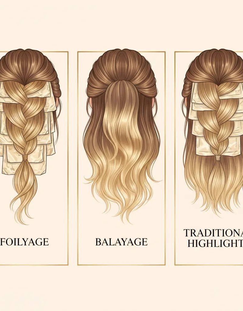 Visual comparison of foilyage vs balayage vs traditional highlights techniques