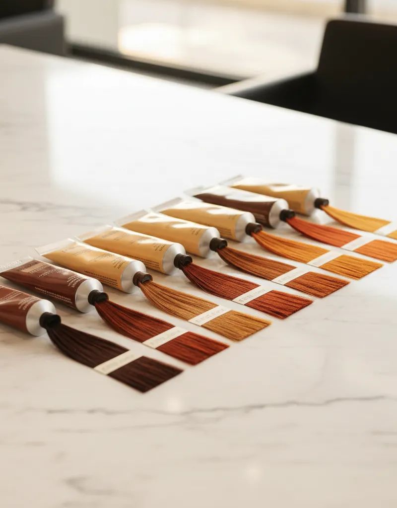 Tubos de tinte profesional en degradado de tonos cobrizos con muestras de color resultante