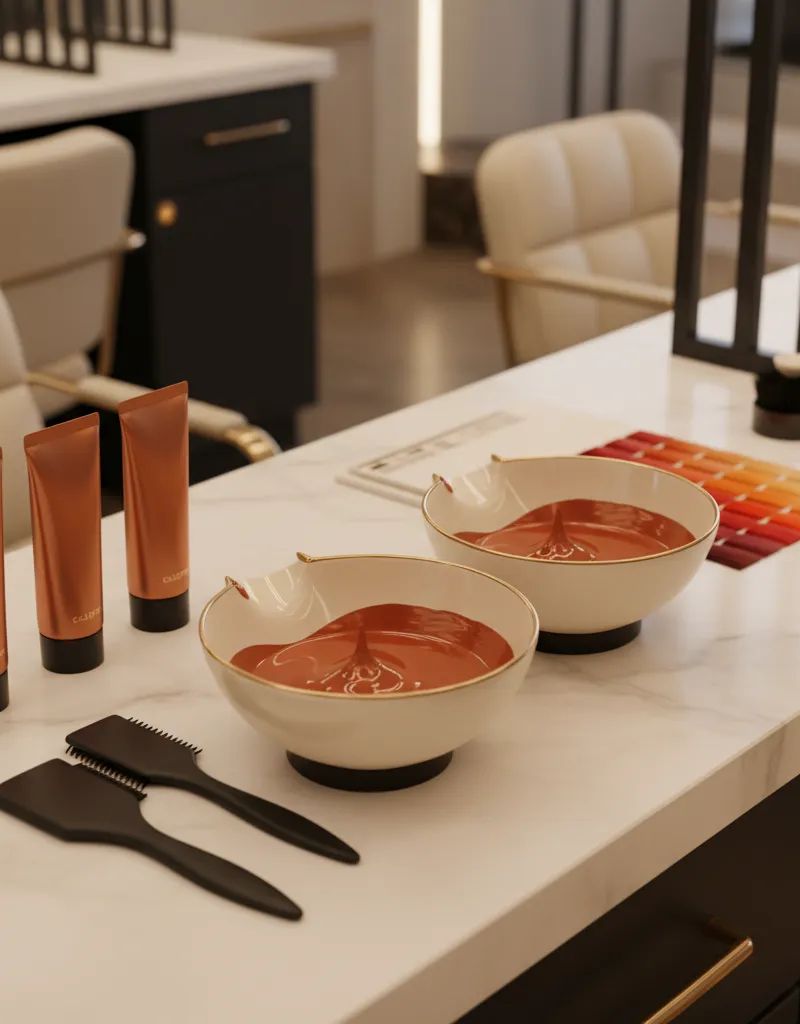 Tubos de tinte profesional en tonos cobrizos con muestras de color sobre fondo de salón