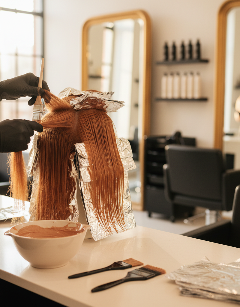 Colorista profesional aplicando tinte cobrizo con técnica de balayage en salón