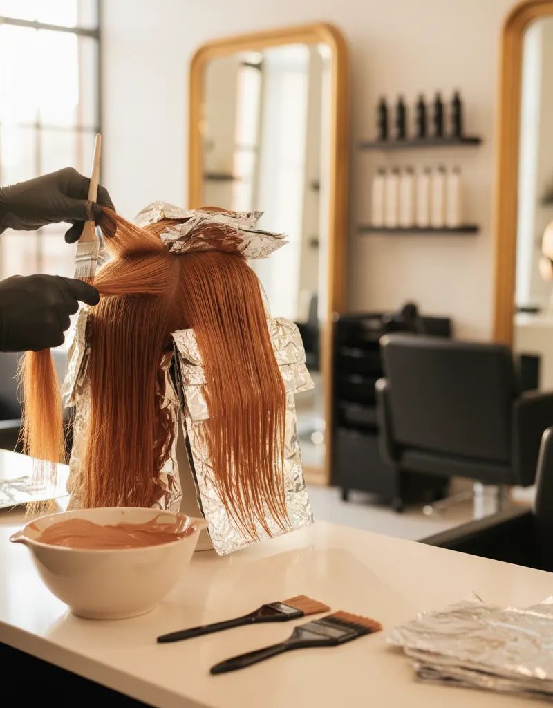 Colorista profesional aplicando tinte cobrizo con técnica de balayage en salón