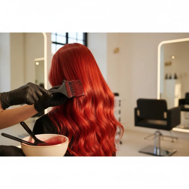Colorista aplicando um banho de brilho em cabelo vermelho recém-colorido