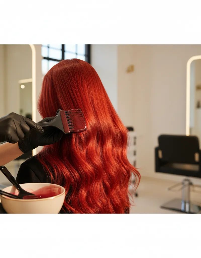 Colorist applying sealing glaze on freshly colored red hair