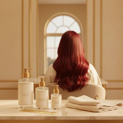 Colorista profissional aplicando fórmula de vermelho duradouro em salão moderno