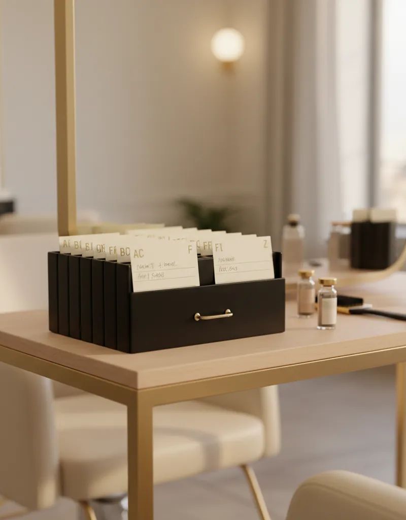 Fichas de formulas de coloracion organizadas en archivador profesional