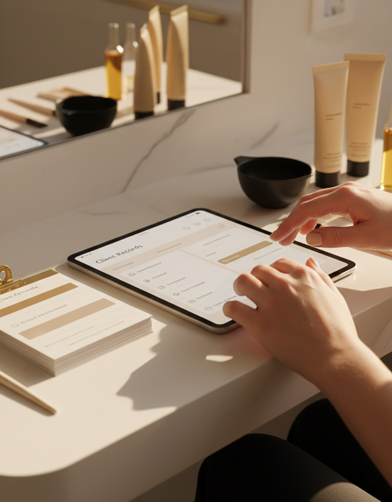 Colorista profesional organizando fichas de formulas en tablet junto a productos de coloracion