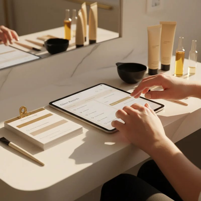 Professional colorist organizing formula records on tablet alongside hair color products
