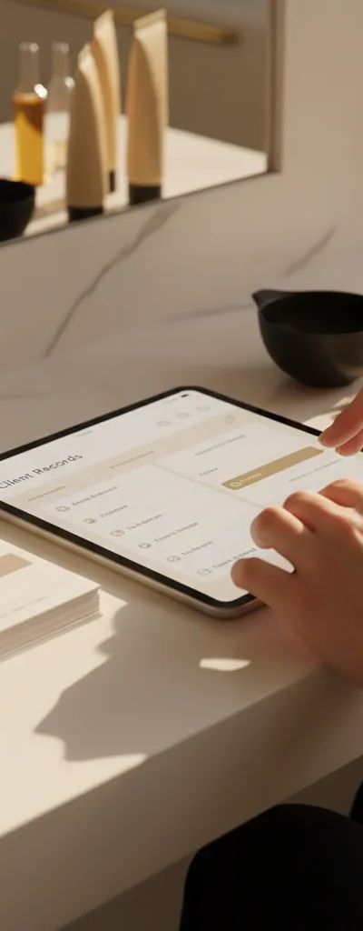 Colorista profesional organizando fichas de formulas en tablet junto a productos de coloracion
