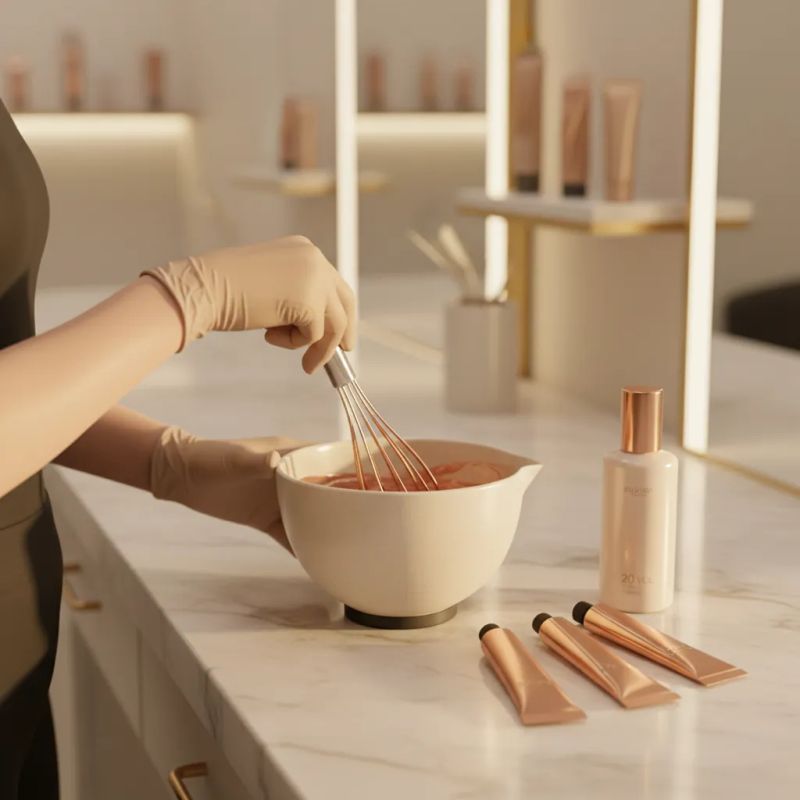 Professional colorist mixing copper formula with tint tubes and developer