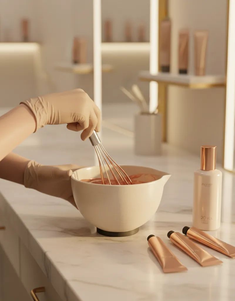 Professional colorist mixing copper formula with tint tubes and developer