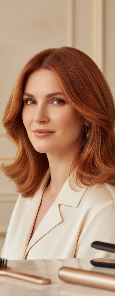 Cabello con tono ginger cobrizo vibrante mostrando brillo y dimensión bajo luz natural