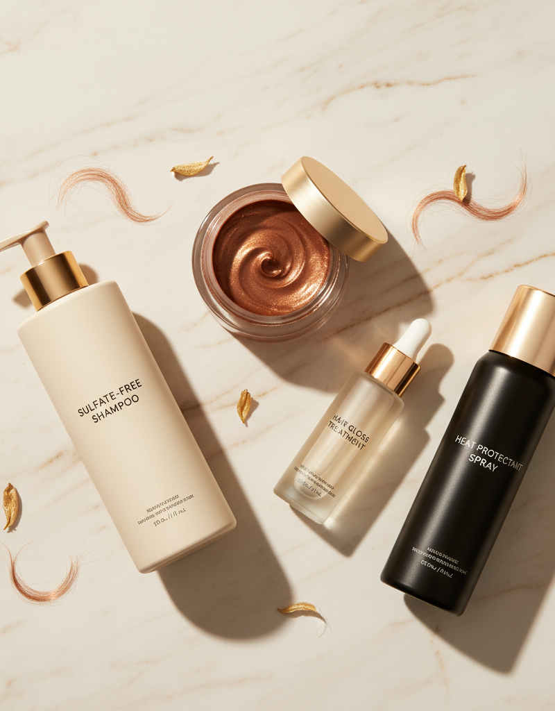 Productos de mantenimiento para cabello cobrizo: champú sin sulfatos, mascarilla pigmentada y gloss