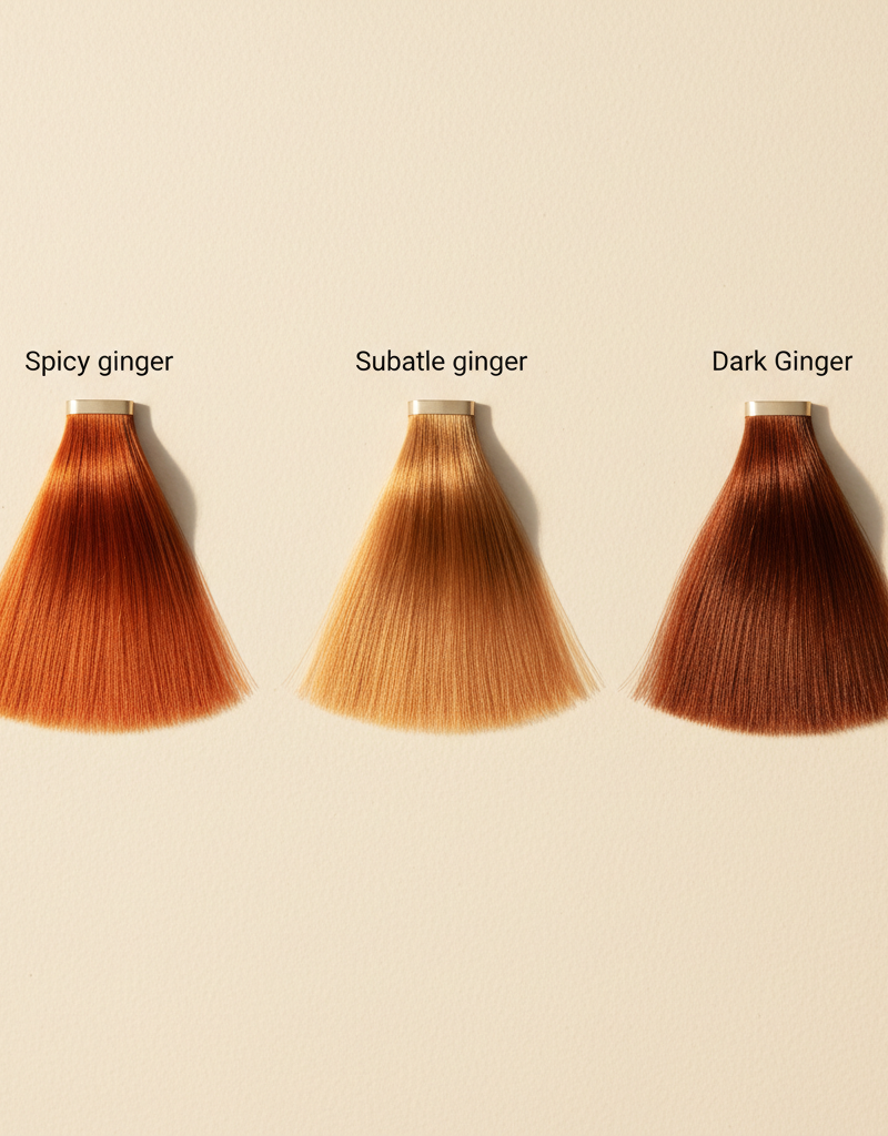 Tres variantes de ginger cobrizo: spicy, subtle y dark ginger sobre fondo profesional