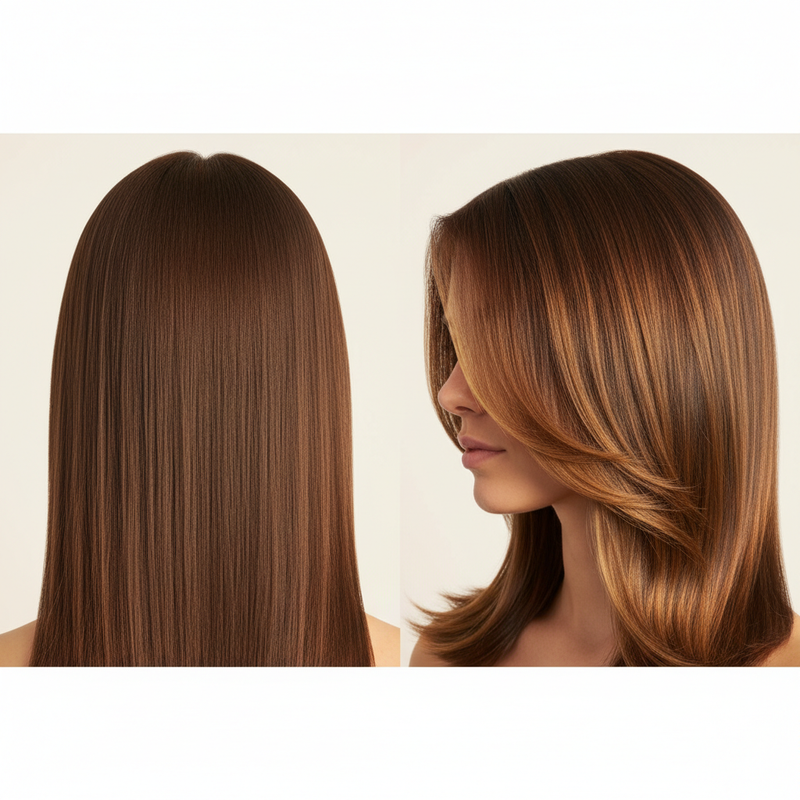 Comparação de castanho sem gloss vs glazed pecan brunette com acabamento gloss mostrando a diferença de brilho e dimensão