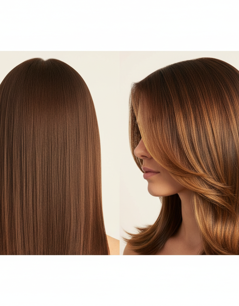 Comparacion de castano sin gloss vs glazed pecan brunette con acabado gloss mostrando la diferencia de brillo y dimension