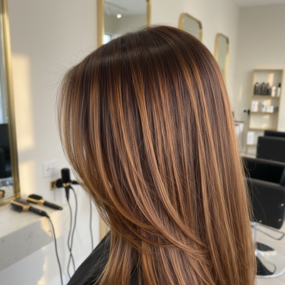 Cabelo com glazed pecan brunette mostrando camadas tonais quentes e acabamento gloss sob luz natural