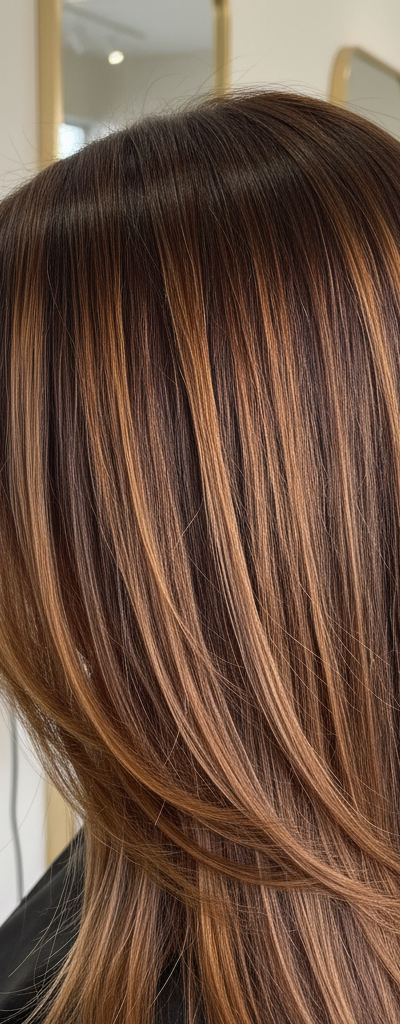Cabello con glazed pecan brunette mostrando capas tonales calidas y acabado gloss bajo luz natural