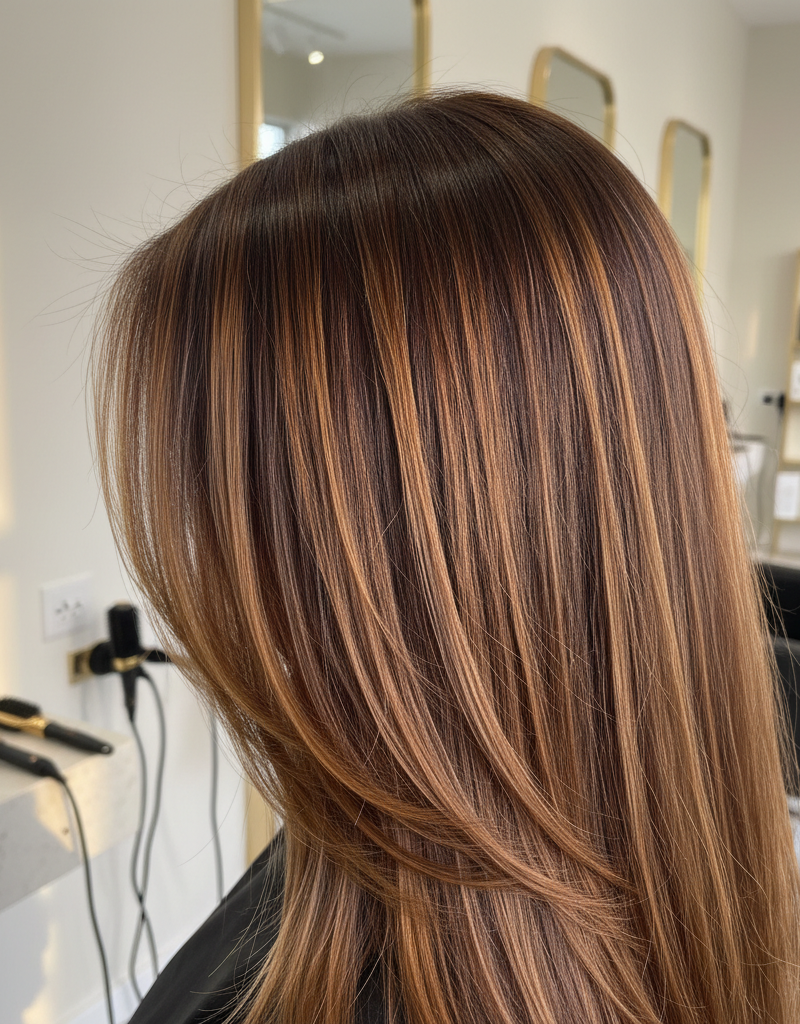 Cabello con glazed pecan brunette mostrando capas tonales calidas y acabado gloss bajo luz natural