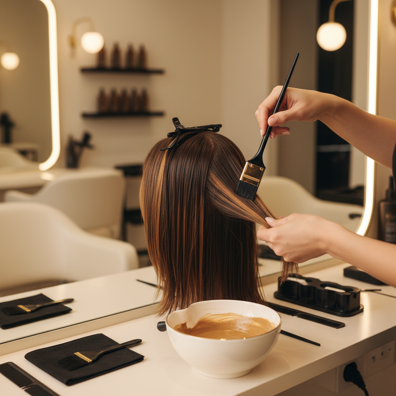Colorista profissional aplicando camadas tonais com pincel fino sobre cabelo castanho em salão moderno